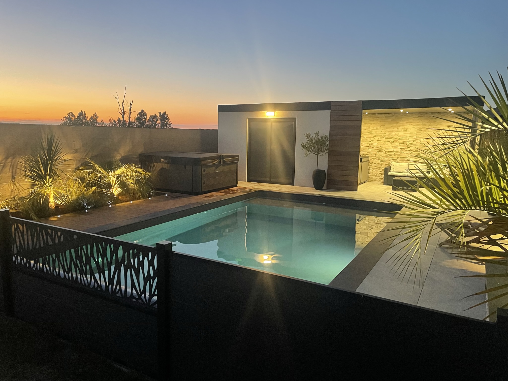 Piscine moderne, avec une eau d'un bleu profond, le tour est en pierre et en bois. On voit &eacute;galement au bord des palmiers ainsi qu'une cloture design et moderne, ainsi qu'un salon d'ext&eacute;rieur moderne et lumineux